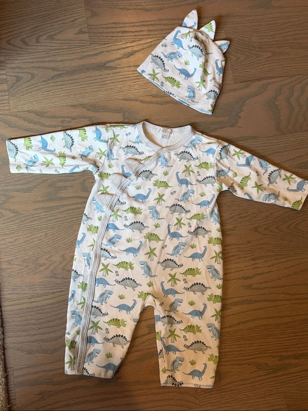 Kissy Kissy Baby Dinosaur Print One-Piece with Matching Hat - Green & Blue. 9M